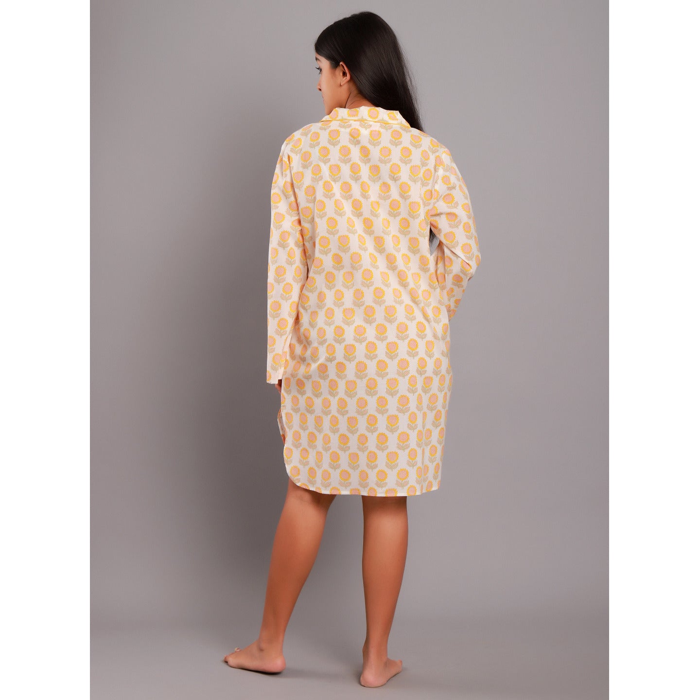 Block Printed Women night shirts Sunflower yellow