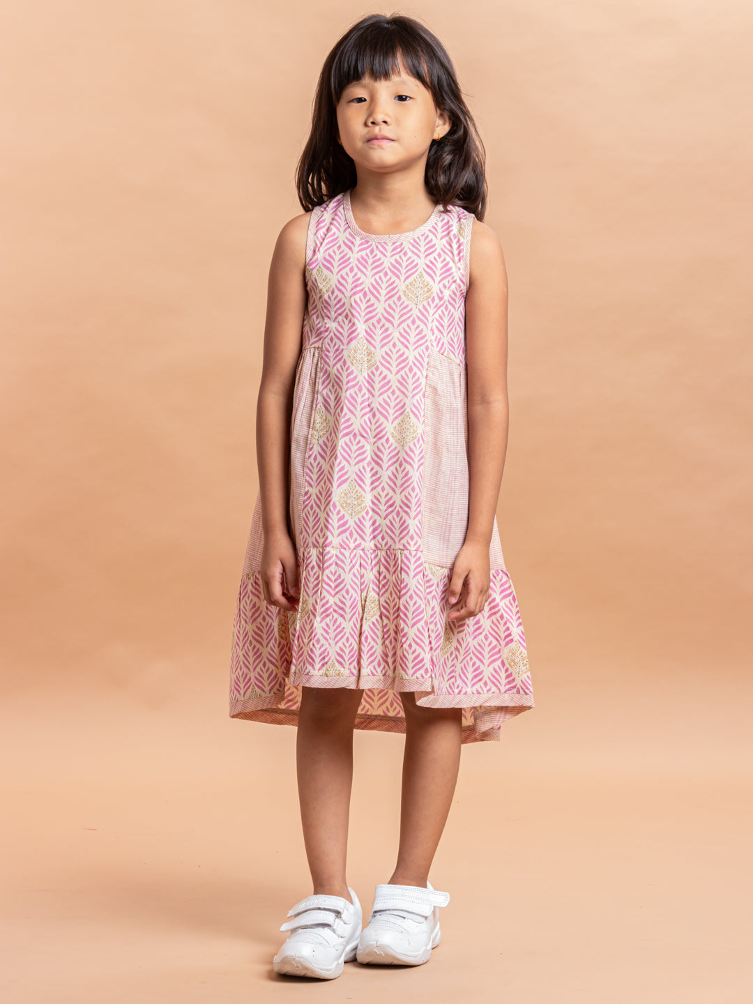 Girls Printed Dress- Luna Leaf Pink