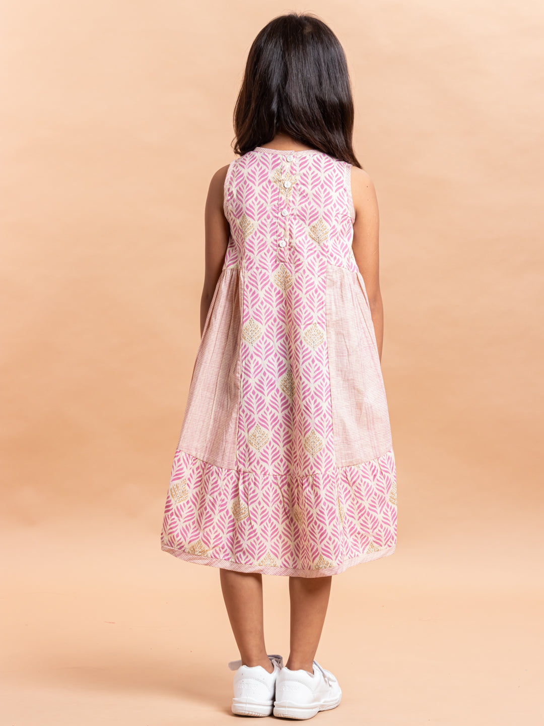 Girls Printed Dress- Luna Leaf Pink