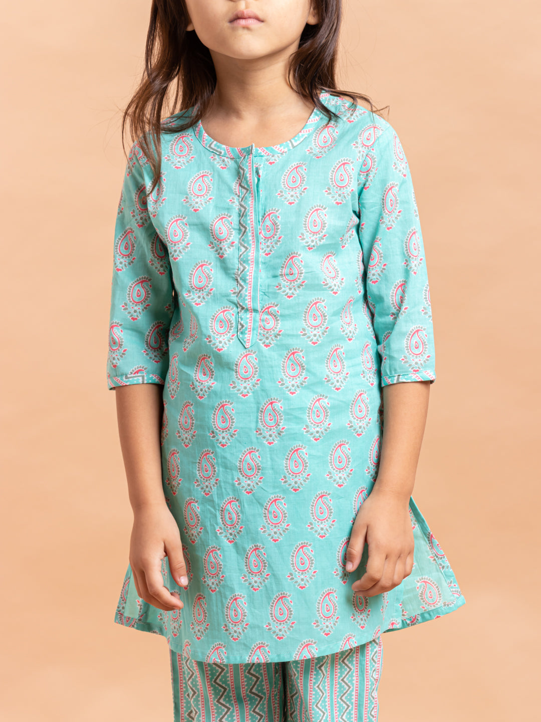 Girls Printed Kurta Set Aqua Paisley