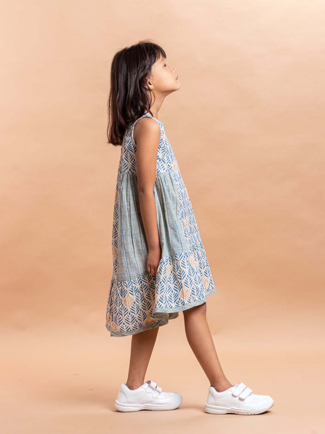 Girls Printed Dress- Luna Leaf Blue