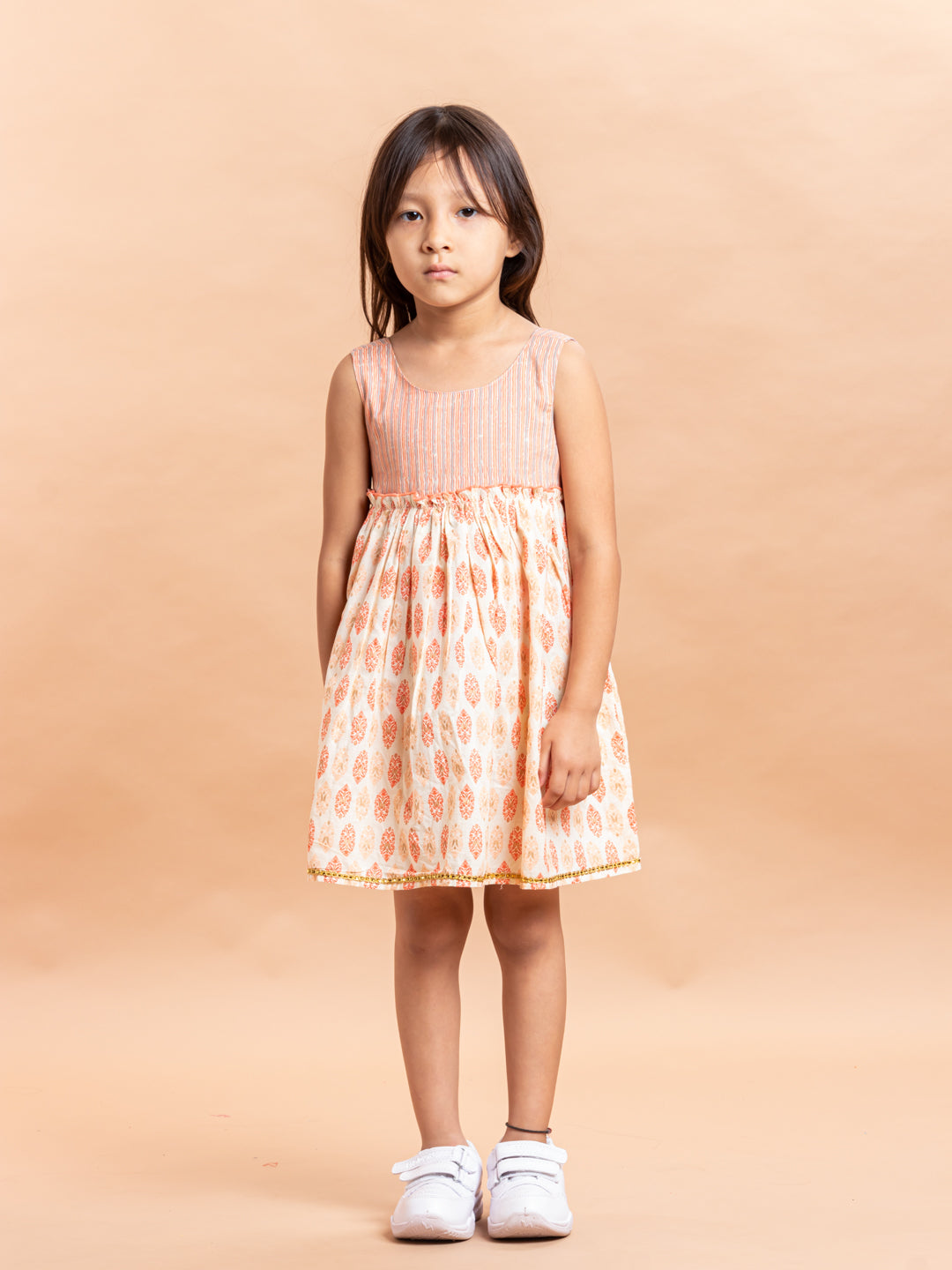 Girls Printed Dress Beige Buti- 20401
