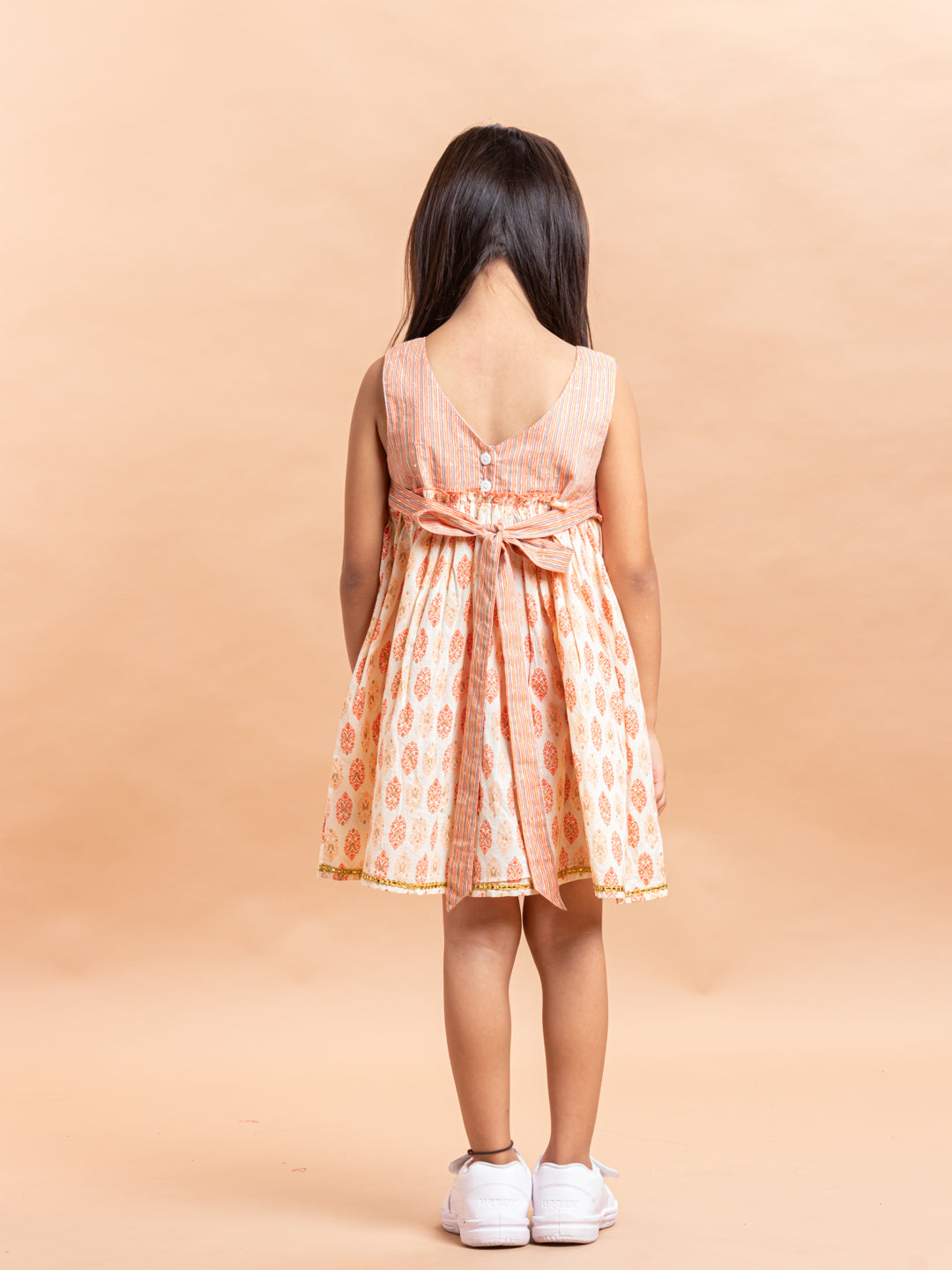 Girls Printed Dress Beige Buti- 20401