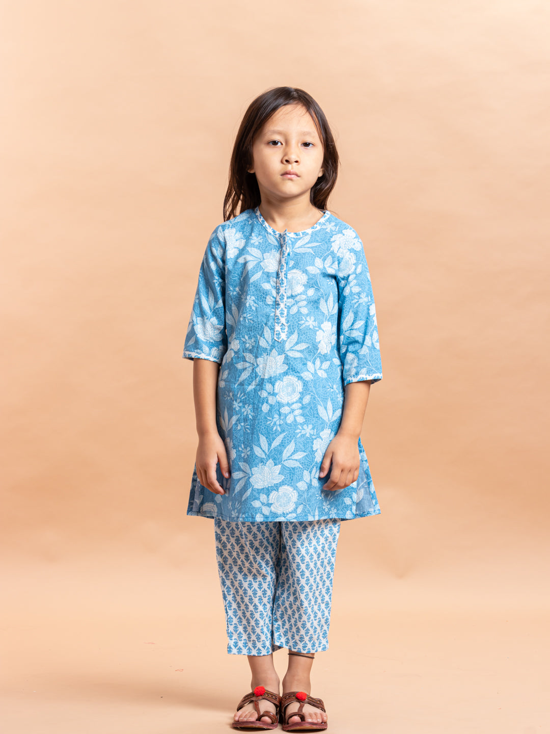 Girls Printed Kurta Set Blue Jaal