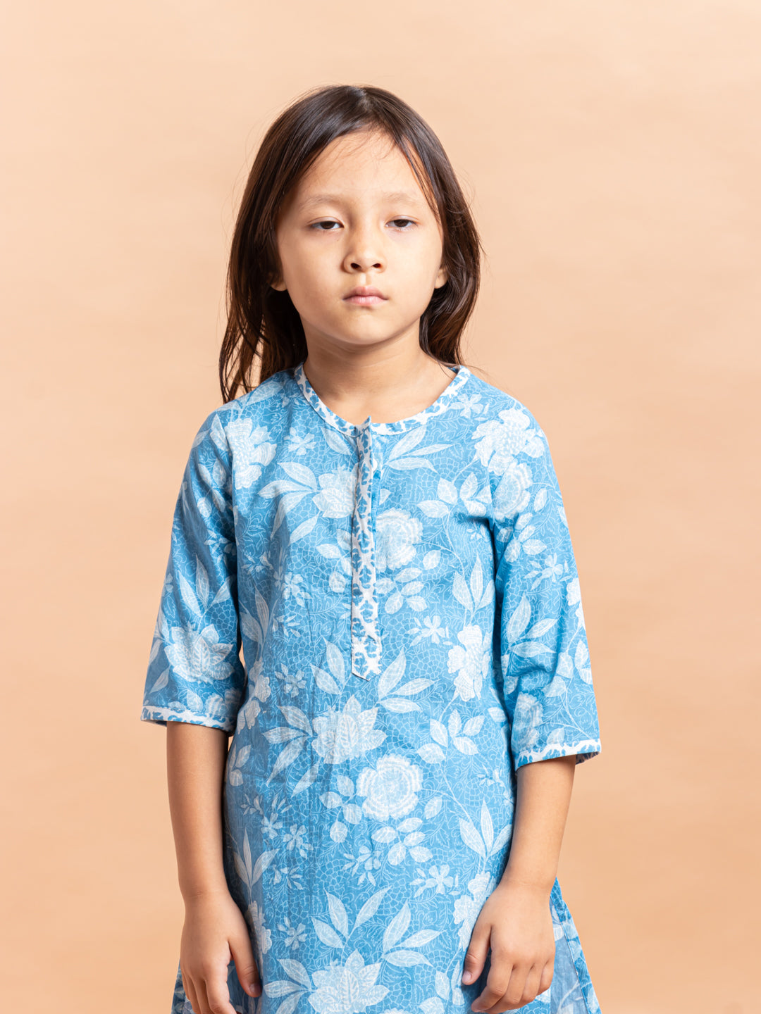 Girls Printed Kurta Set Blue Jaal