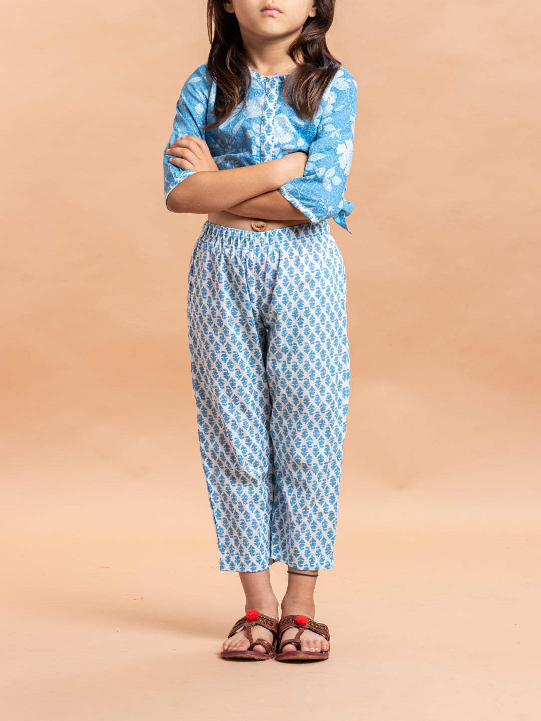 Girls Printed Kurta Set Blue Jaal