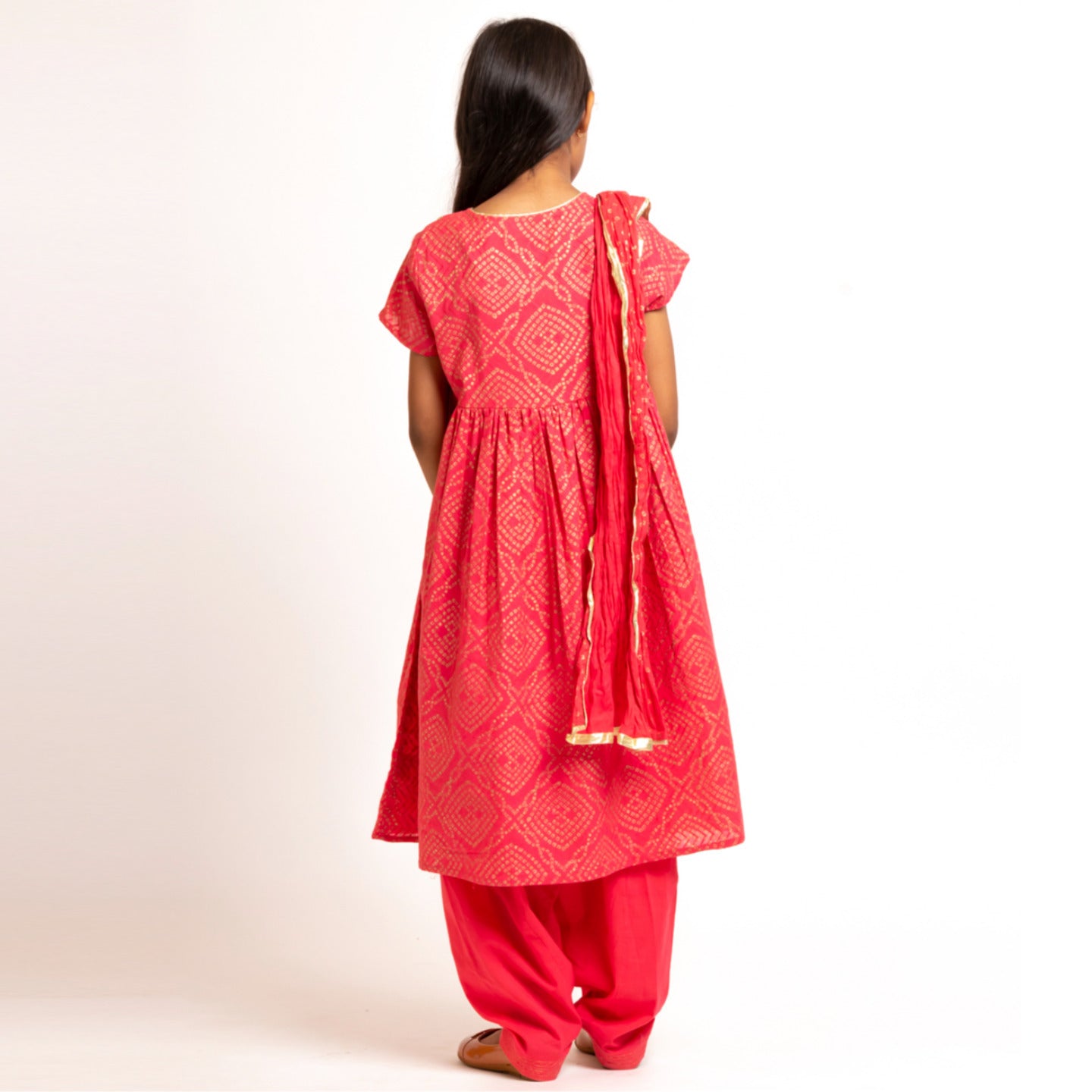 Girl's Block printed Embroidered Kurta Set Coral Red