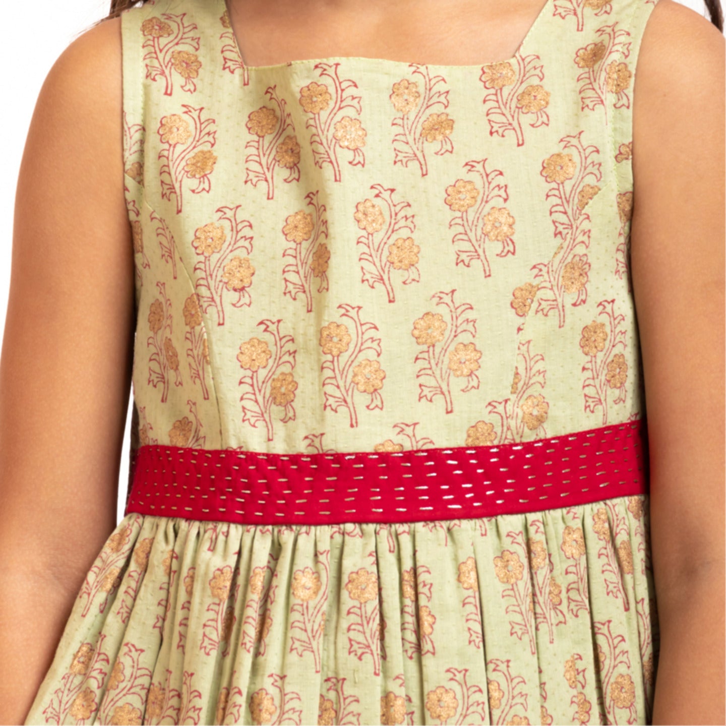 Girl's Block printed Fit and Flare Dress Olive Green