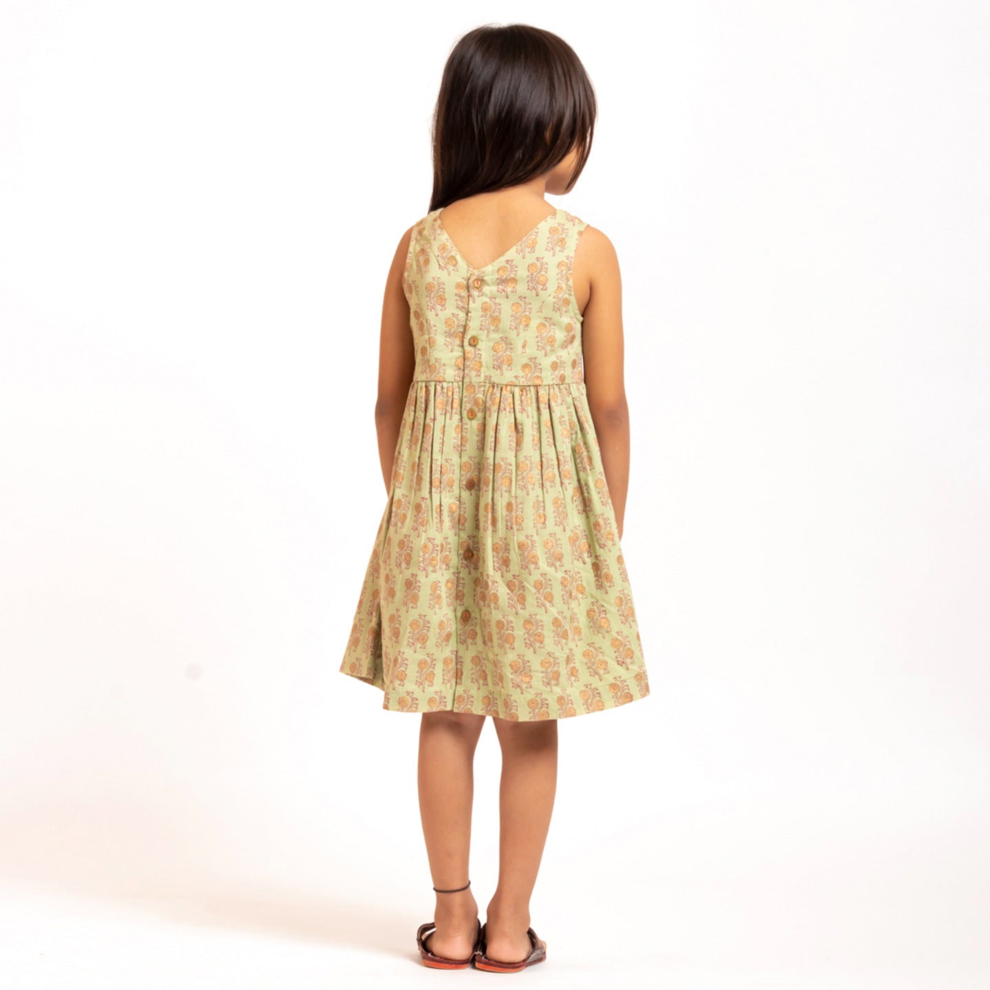 Girl's Block printed Fit and Flare Dress Olive Green