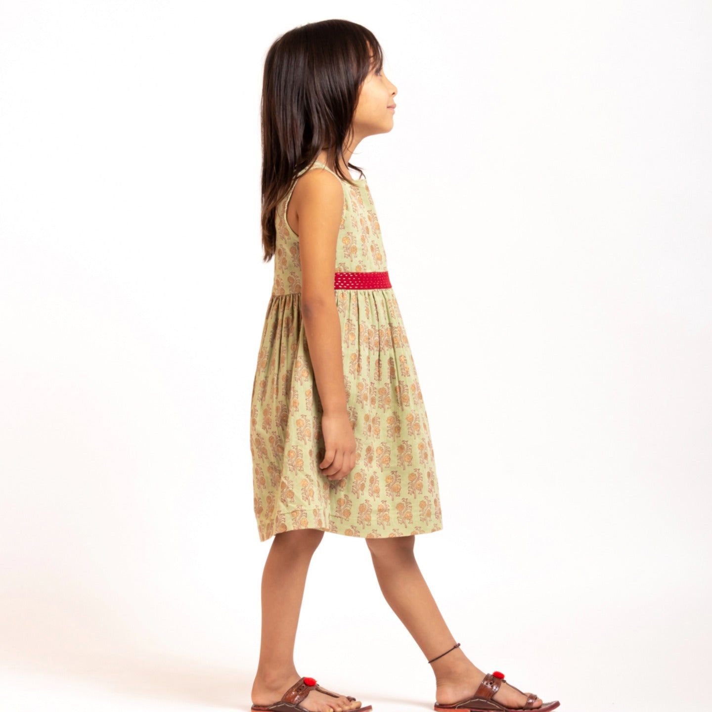 Girl's Block printed Fit and Flare Dress Olive Green