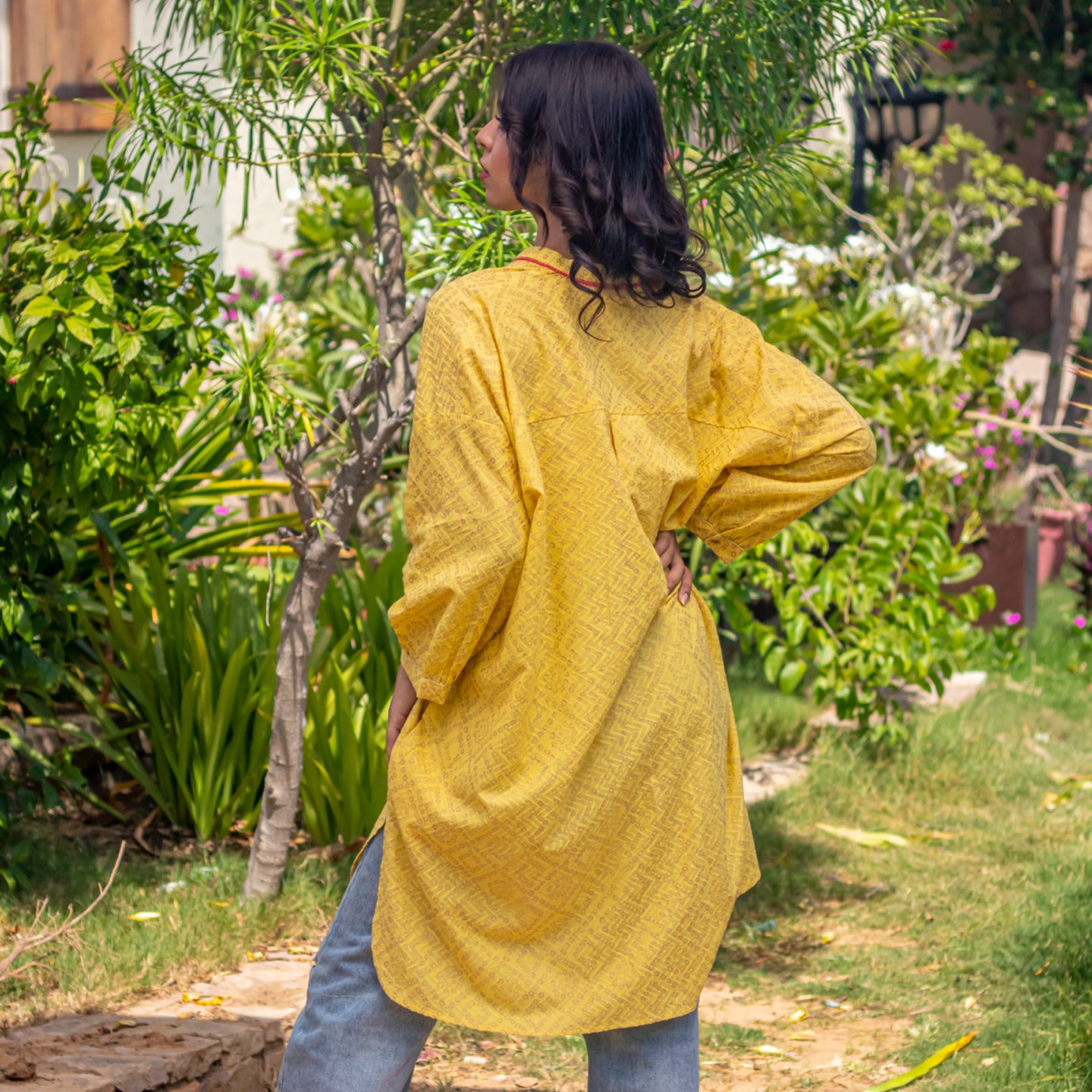 Women Block printed Oversized shirt dress Yellow
