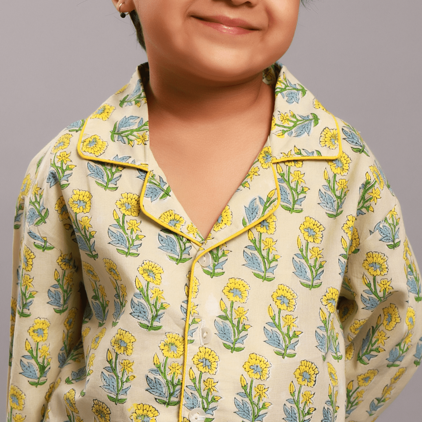 Block Printed Girl's Nightsuit set Ethnic Beige- Yellow Buti