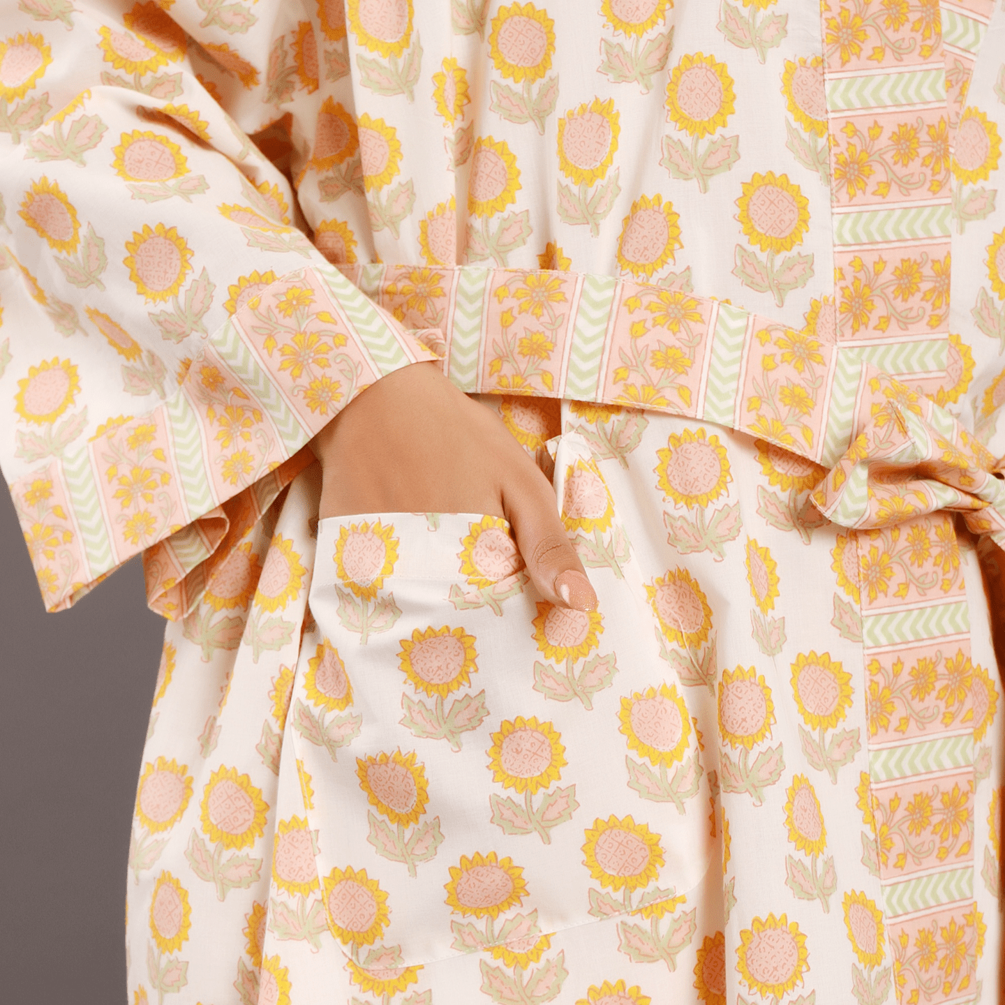 Block Printed Women bathrobe Sunflower yellow