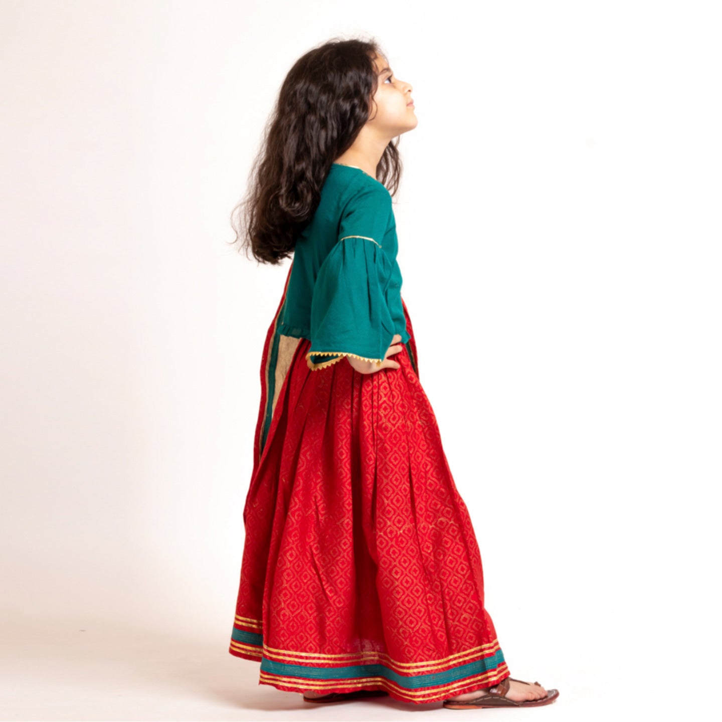 Girl's Embroidered Lehenga Choli Green- Red
