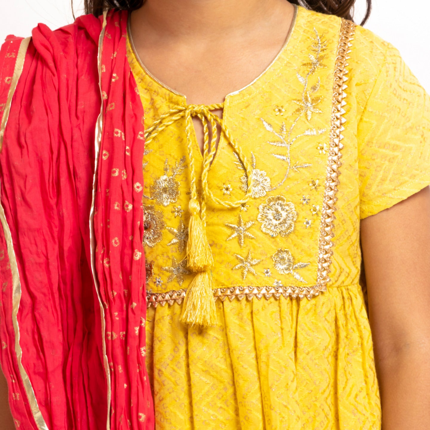 Girl's Block printed Embroidered Kurta Set Yellow