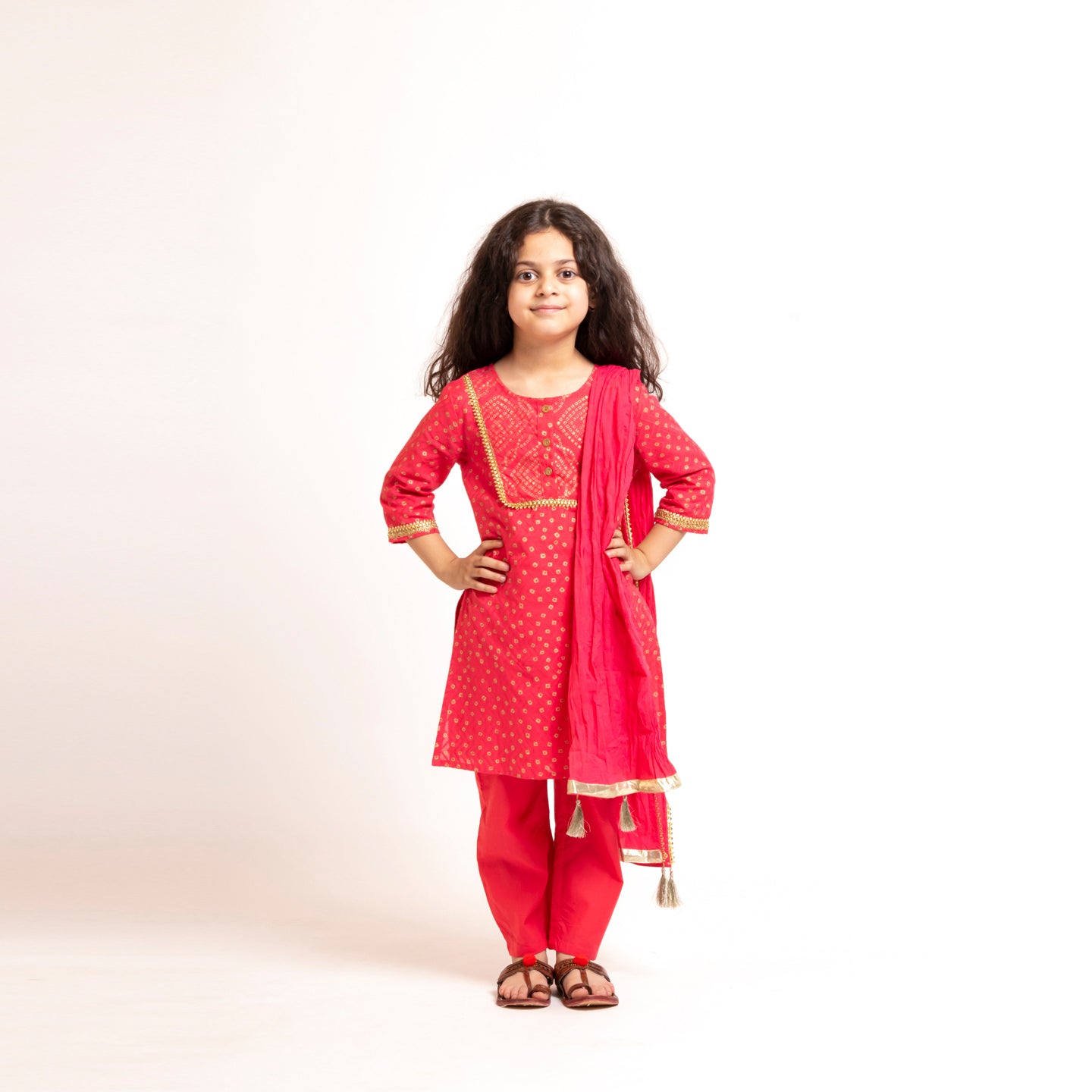 Girls Block Printed Kurta Set Bandhej Coral