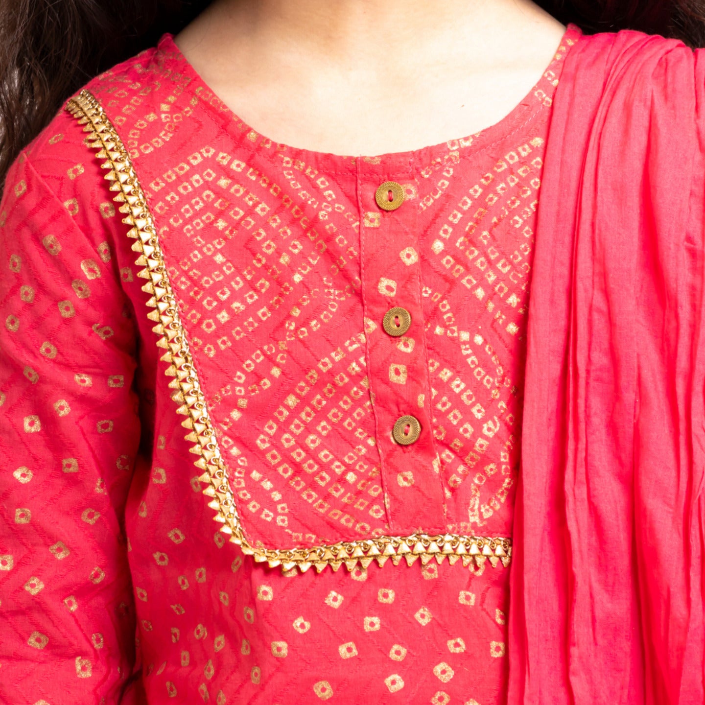 Girls Block Printed Kurta Set Bandhej Coral