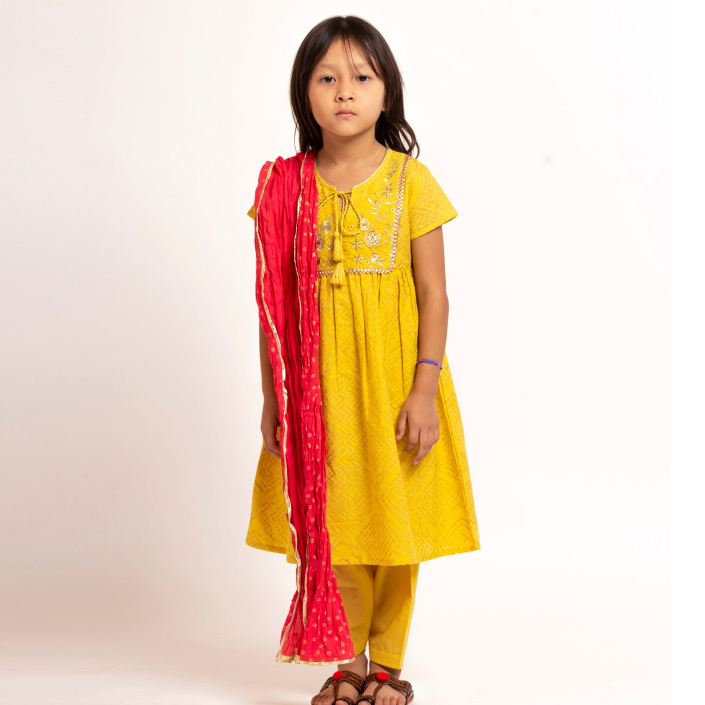 Girl's Block printed Embroidered Kurta Set Yellow