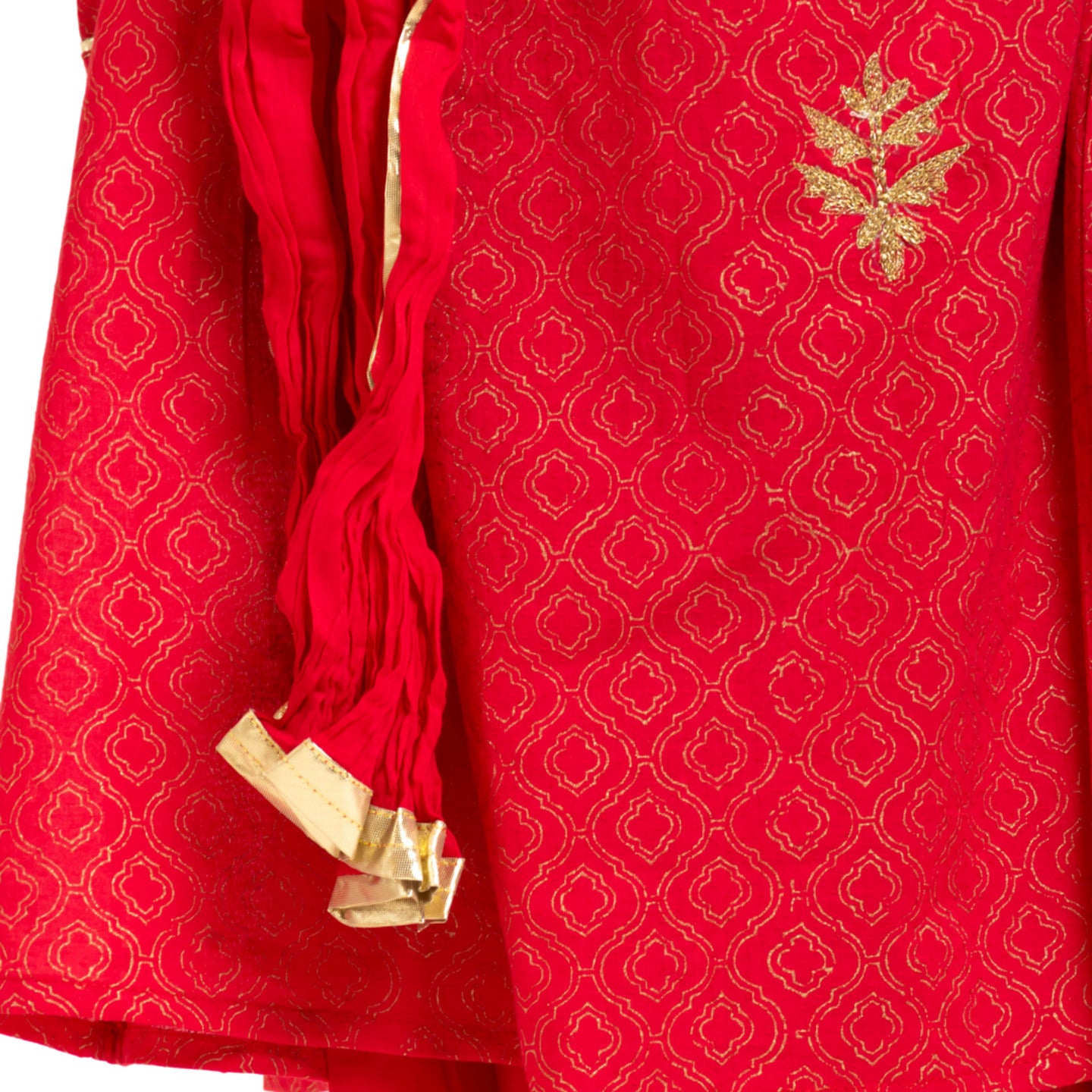 Girl's Block printed Embroidered Kurta Set Red