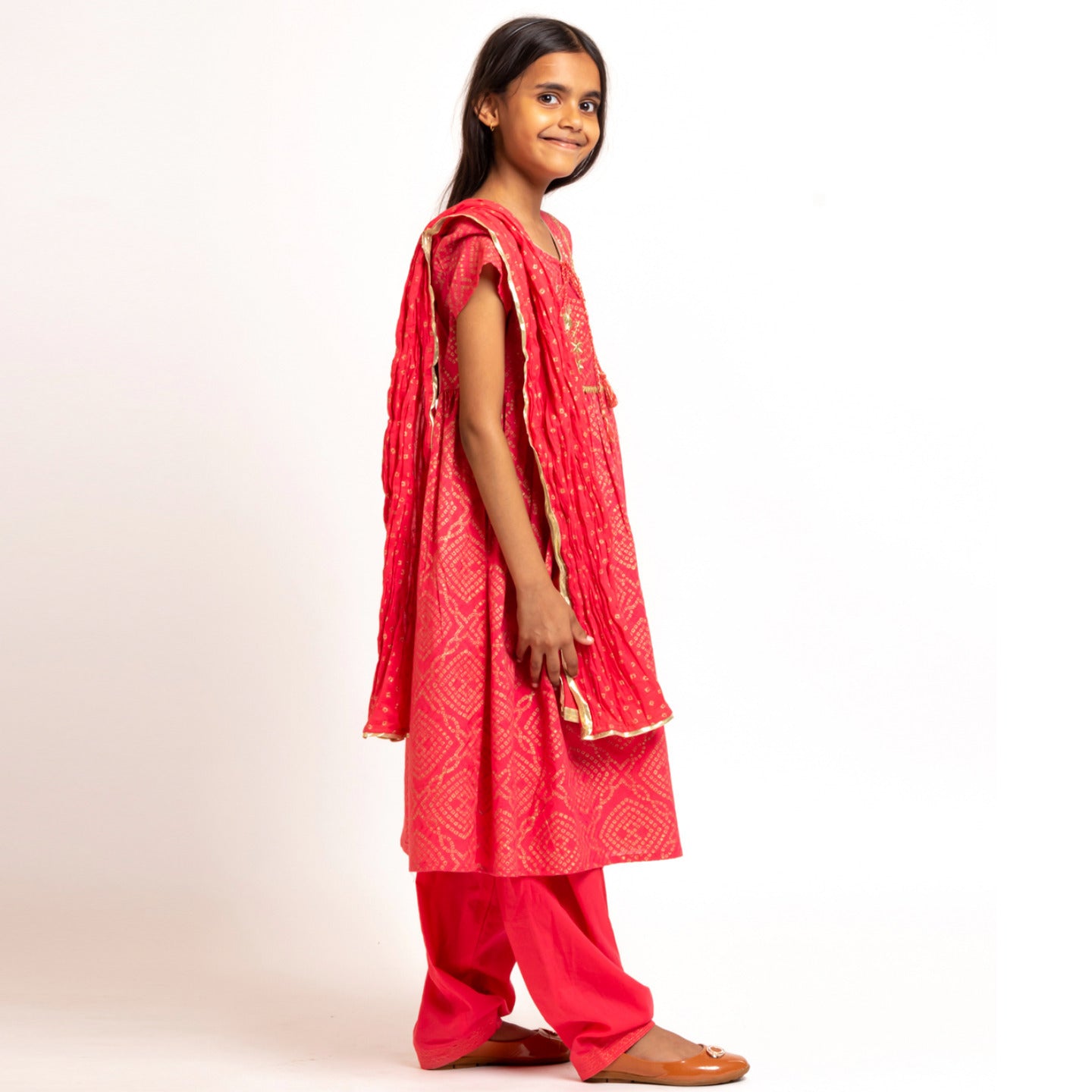 Girl's Block printed Embroidered Kurta Set Coral Red
