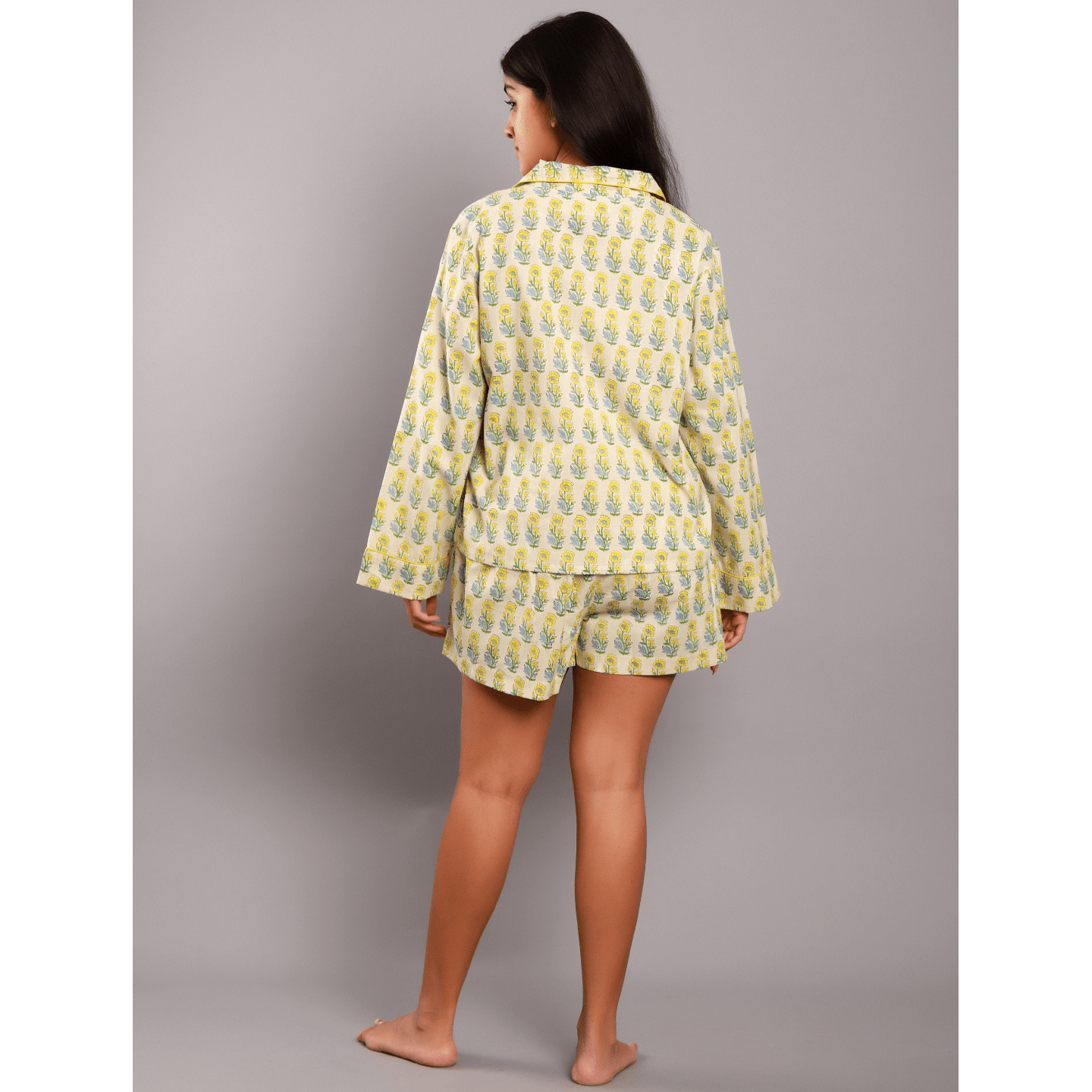 Women nightsuit ethnic buti beige- yellow block printed